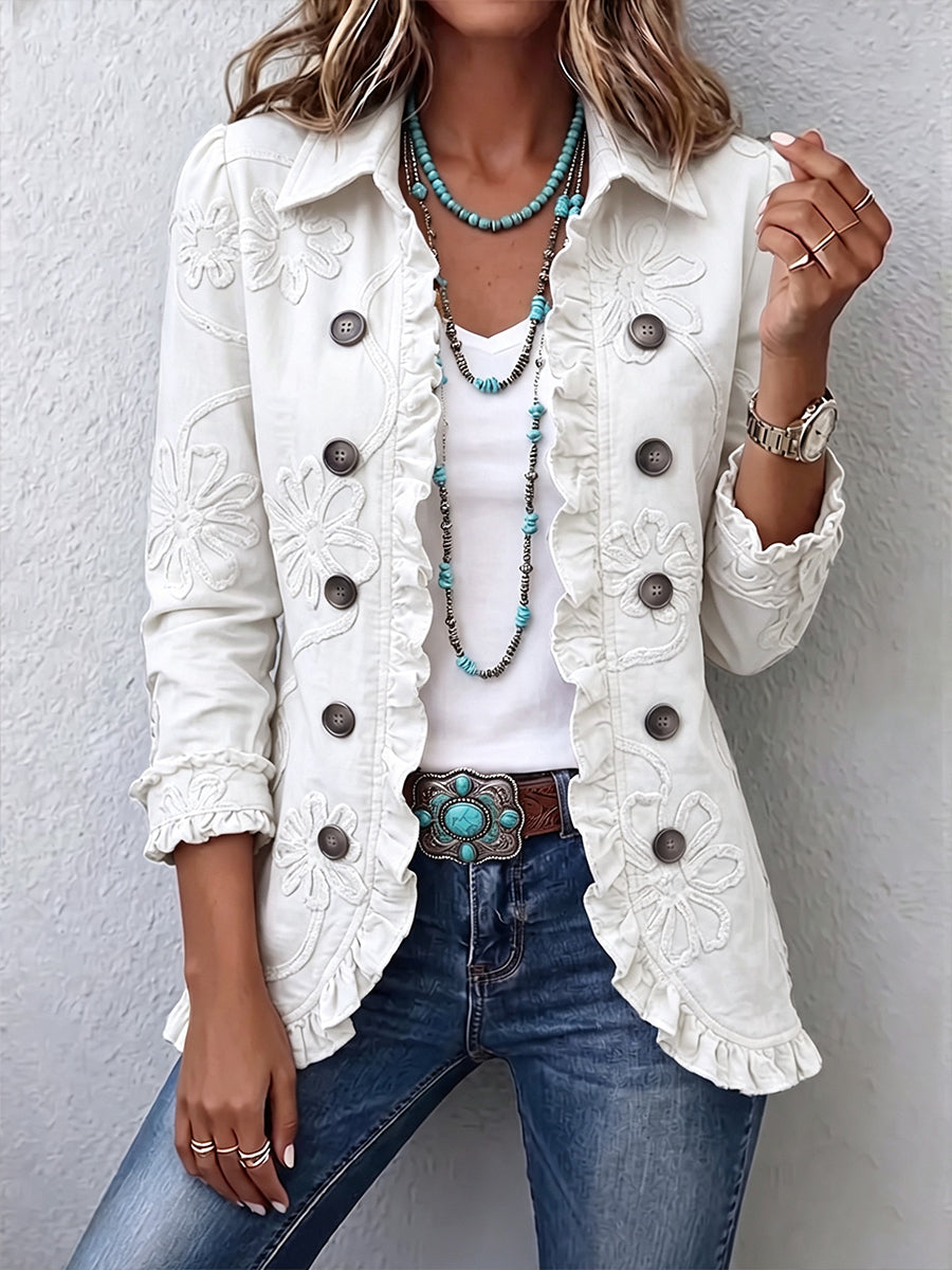 Camille | Chaqueta Bohemia-Chic Bordada de Flores Marfil con Acabados Fruncidos