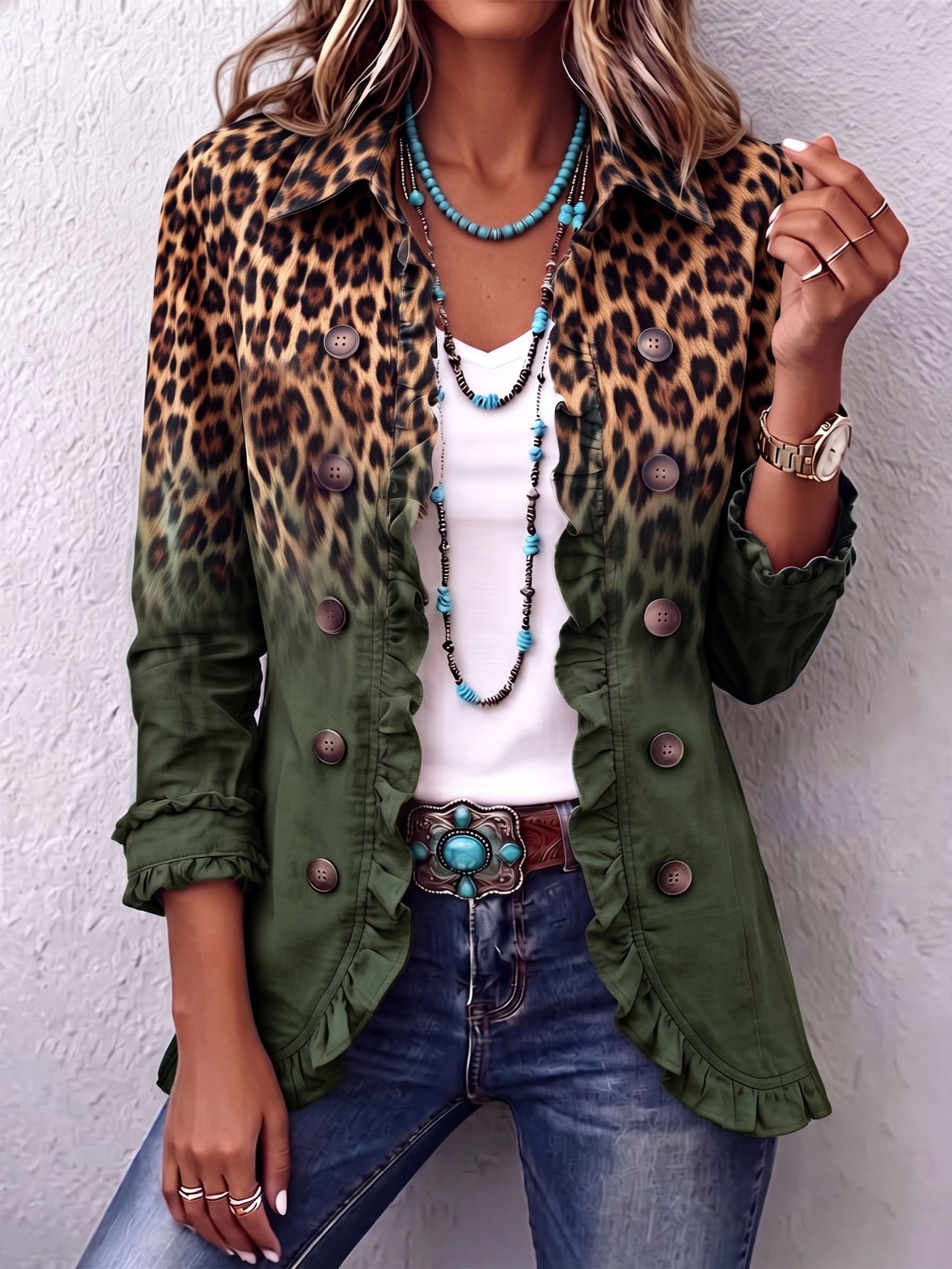 Louise — Blazer Leopardo Degradado Verde Oliva con Volantes