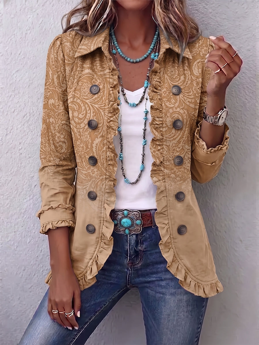 Claire — Chaqueta Western Estampada Kaki con Volantes