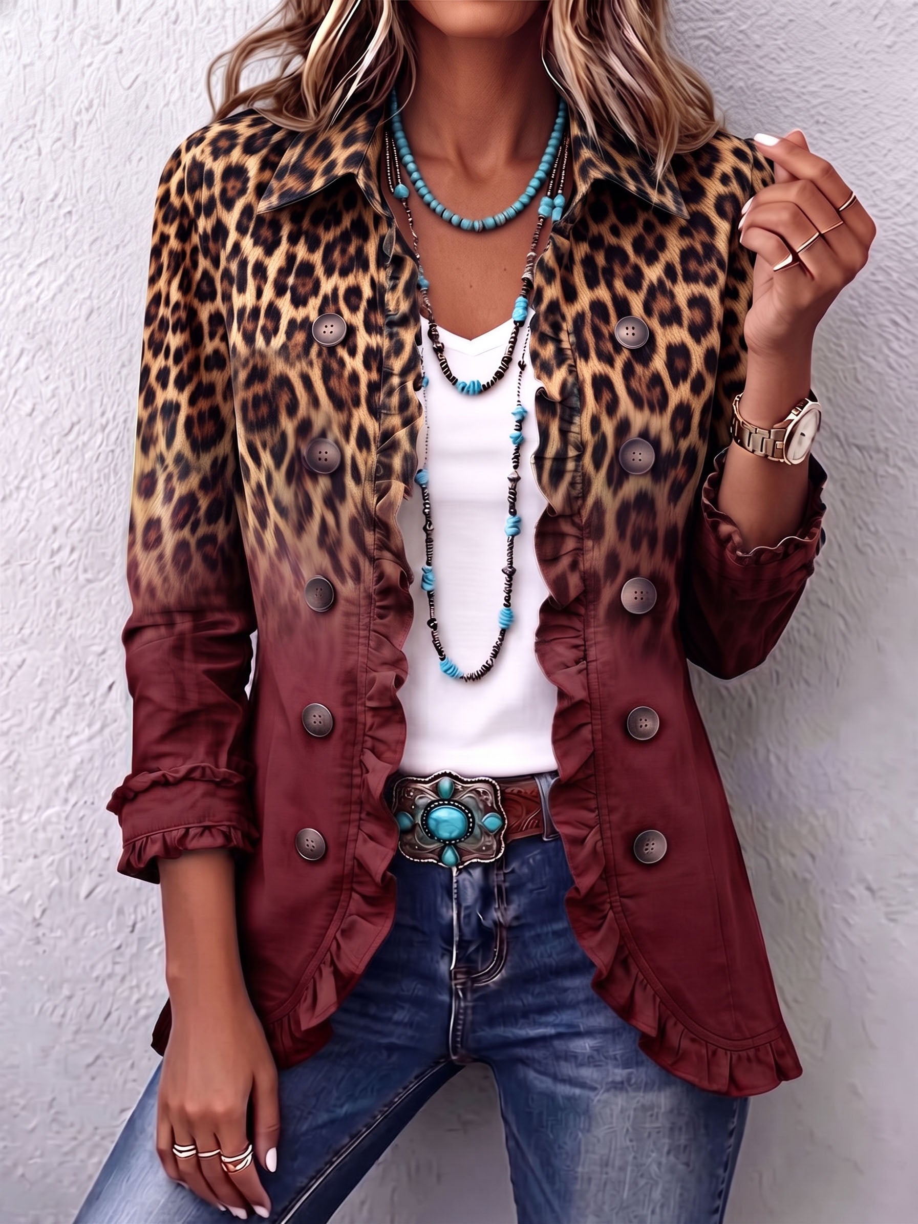 Olivia | Blazer Leopardo Degradado Burdeos con Volantes