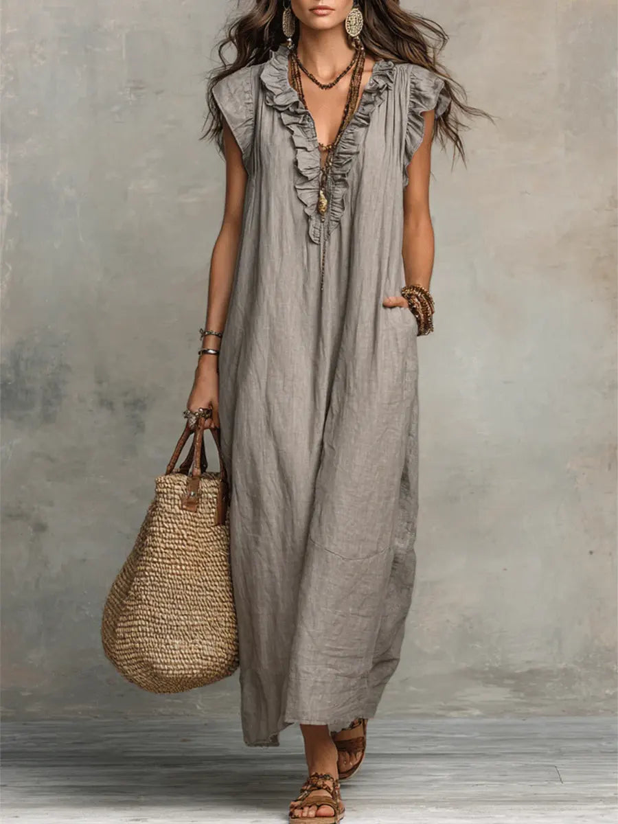 Evelyn | Vestido Largo de Lino y Algodón - Gris