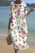 Ulla – Vestido midi con estampado de rosas y manga tres cuartos