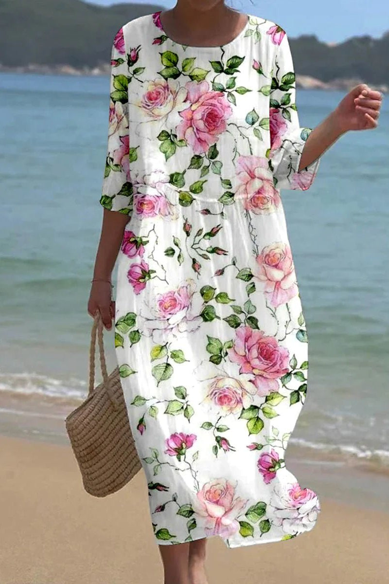 Ulla – Vestido midi con estampado de rosas y manga tres cuartos